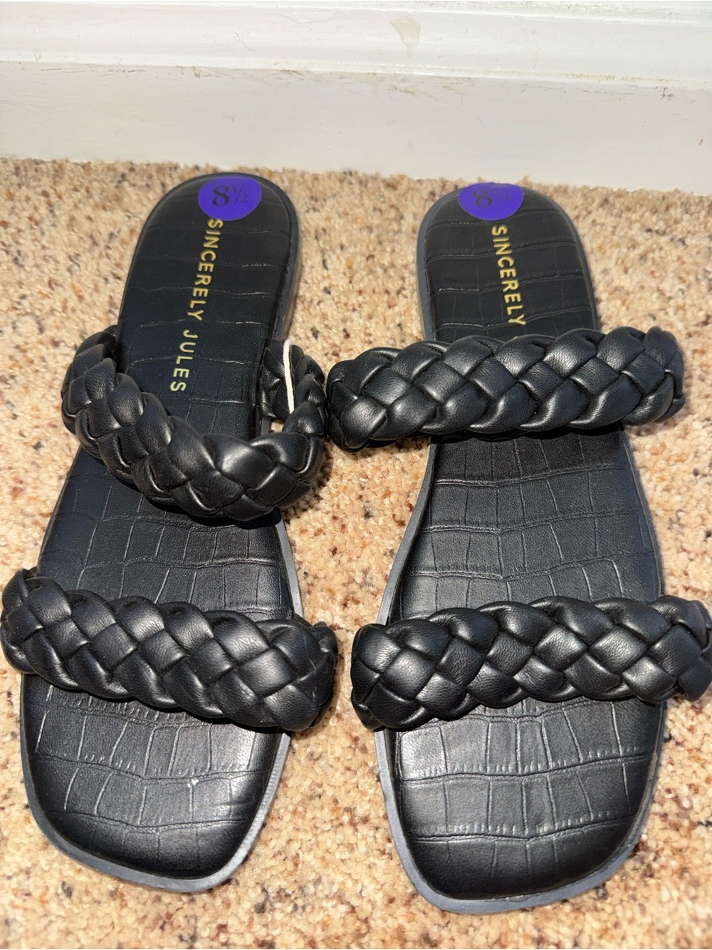 Black Braided Double-Strap Slide Sandals
